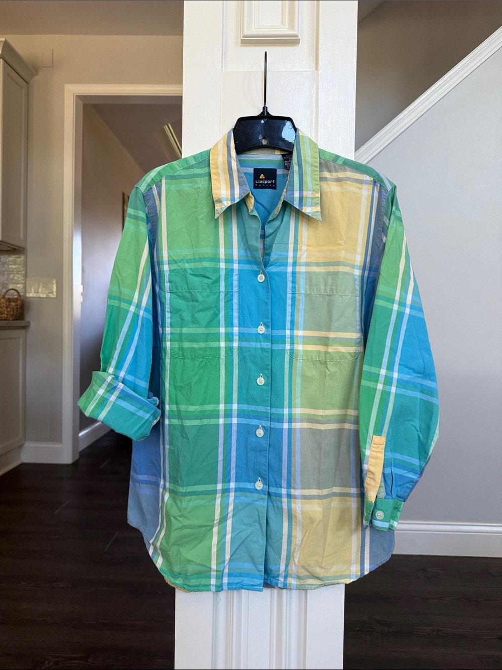 Lizsport Multicolor Plaid Button-Down Shirt - Green, Blue, Yellow Petite Small